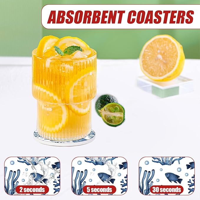 Blue Sea Starfish Shells Car Coasters for Cup Holders, Absorbent Ceramic Car Coaster Car Cup Holder Coaster Car Accessories for Women Men (2 Pack)