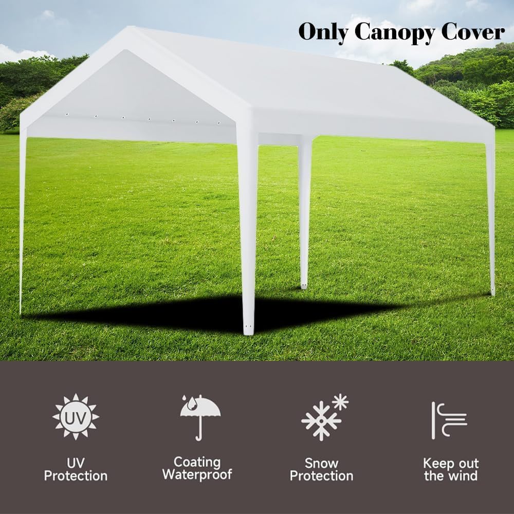 Rutile 10 x 20 FT Carport Replacement Cover, Heavy Duty Car Tarp Canopy Tent Garage Top Shelter With Fabric Leg Pole Skirts and Ball Bungees - White (Only Top Cover, Frame Not Included)