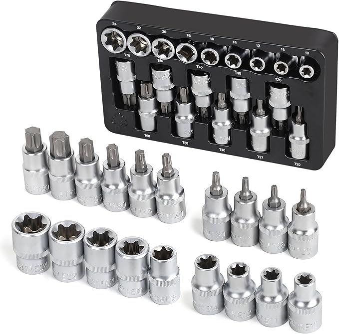 TOPLINE 19-Piece 1/2” Drive E-Torx Socket Set and Torx Bit Socket Set, with Storage case, Premium CR-V Steel, E10-E24, T20-T70, E Socket Set for Mechanic and Home Repair