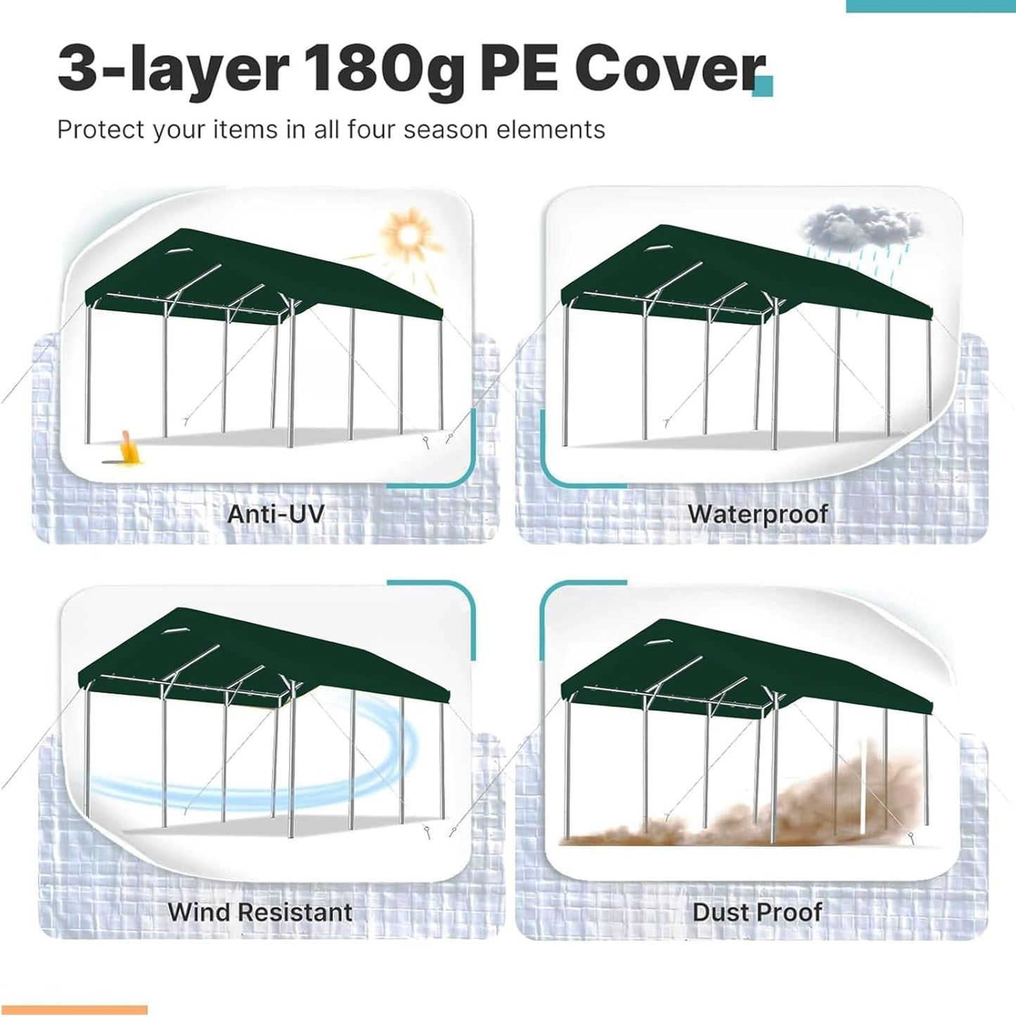 Carport Replacement Canopy Cover for Car Tent Top Garage Shelter Cover Tarp with Ball Bungees (Only Top Cover, Frame Not Include) (Green, 10’ x 20‘)