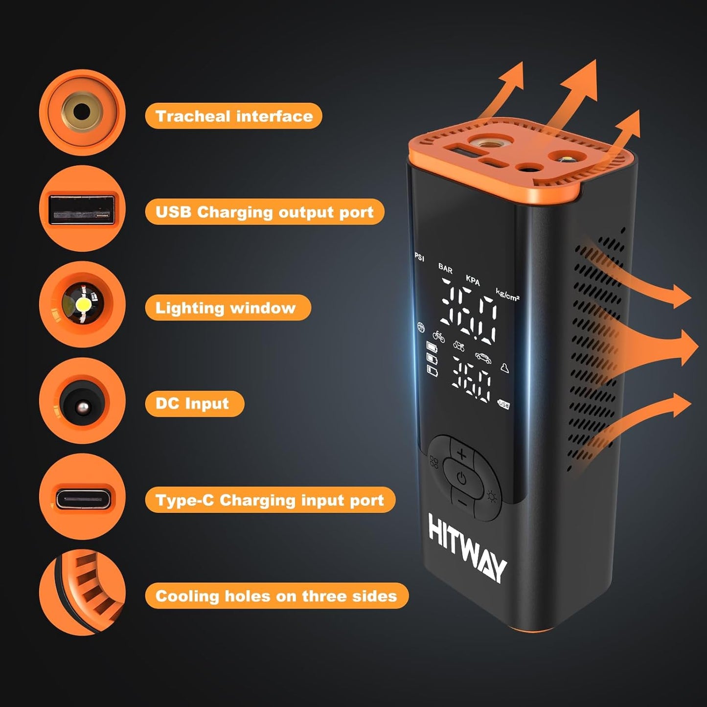 HITWAY Portable Electric Inflator Pump Supports up to 150PSI, fast inflation, suitable for car, motorcycle, bicycle tires and sports equipment, LCD display screen, USB charging, built-in LED light