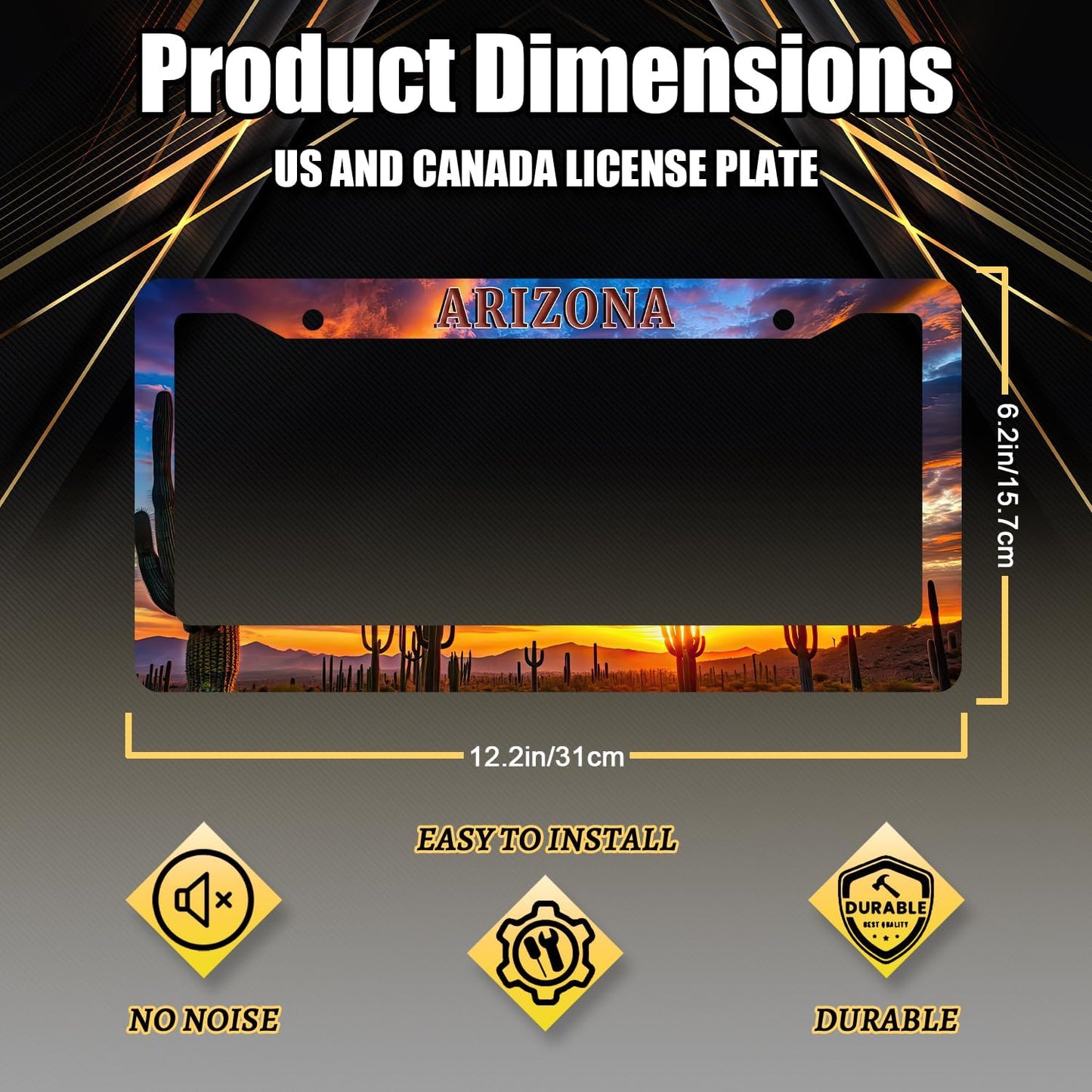 Arizona State Flag License Plate Frame Sunset Desert Cactus License Plate Holder Stainless Steel Funny Design with 2 Holes and Screws 12.3" x 6.3"