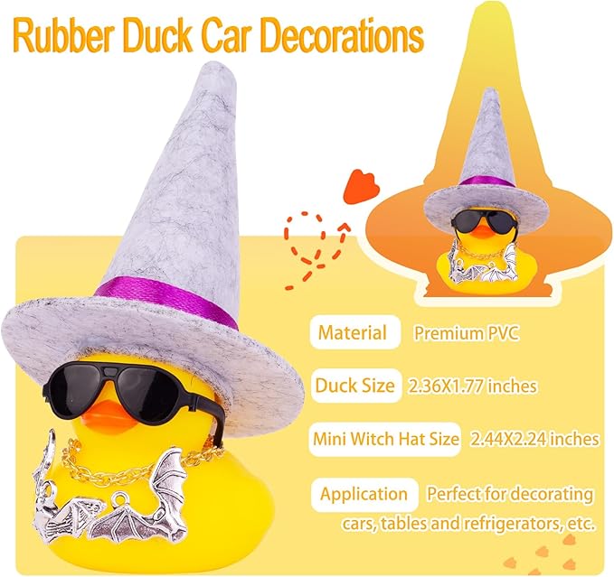 Car Rubber Duck Ornaments Halloween Duck Car Dashboard Decorations with Mini Witch Hat Sunglasses Necklace Halloween Accessories for Halloween Themed Gifts(W7-Light Gray&Purple Ribbon)