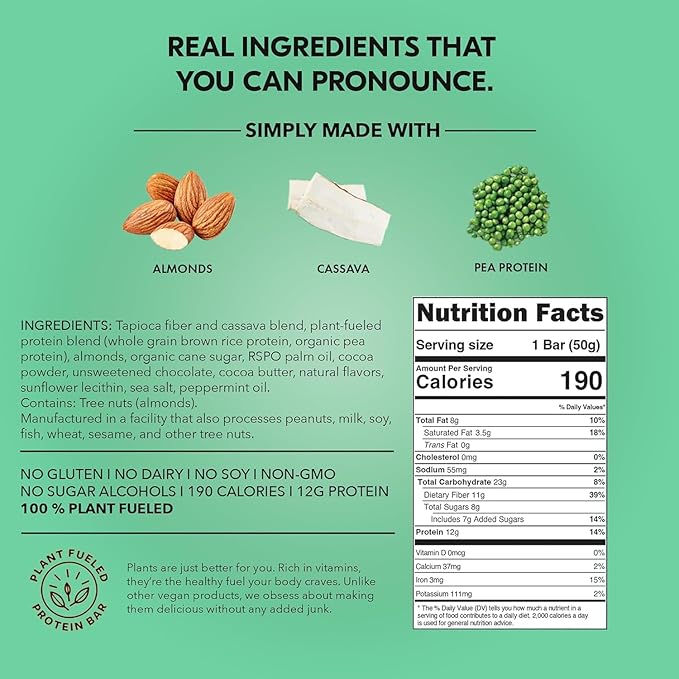 TRUBAR Vegan Protein Bar, It’s Mint to Be Chip, Gluten Free, Plant Based High Fiber, Dairy Free, Non GMO, Low Fat, No Sugar Alcohols, 12G Lean Protein, 13G Fiber, Healthy Snack Bars, 12 CT