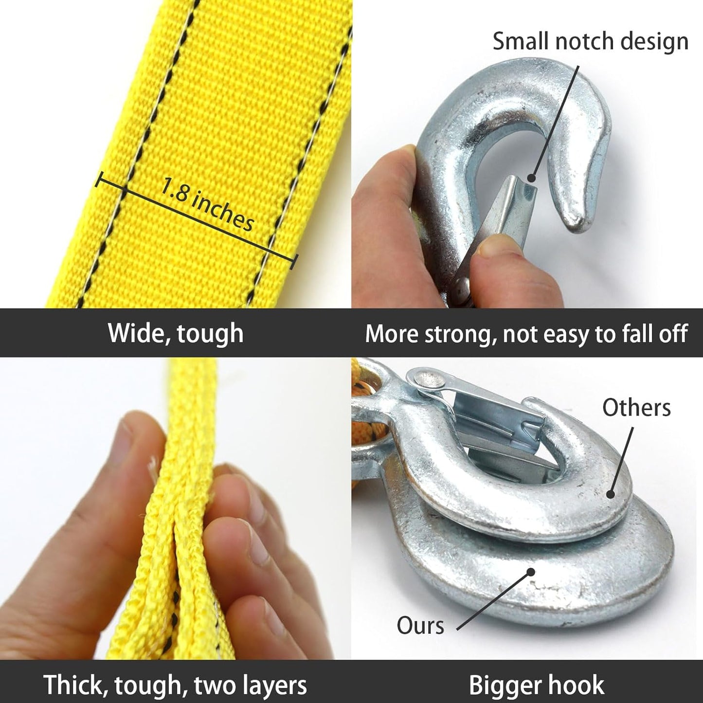 Heavy Duty Tow Strap with Safety Hooks | 2” x 16.4’ | 13200 LB Capacity, Tow Rope Yellow Shackle for Vehicle Recovery, Hauling, Stump Removal & Much More,Best Towing Accessory for Car