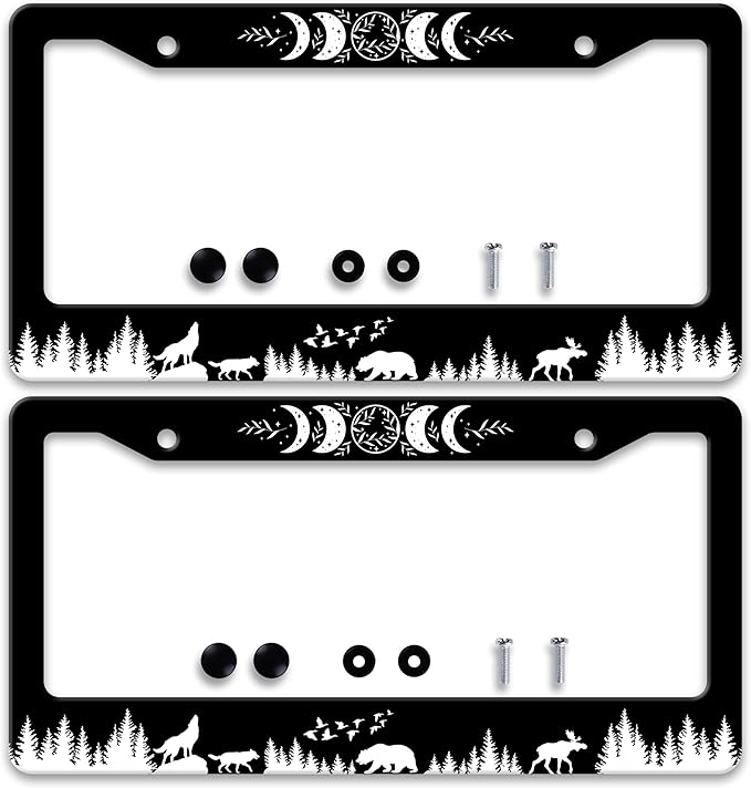 2 Pcs Moon Phases License Plate Frame Wolf Bear Deer License Plate Holder Personalise Stainless Steel Funny Design Compatible with Standard License Plate Frames for USA Canada 6 X 12 in 2 Holes