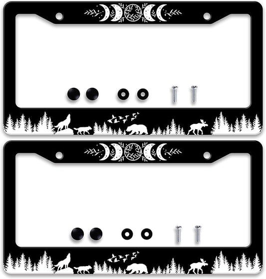 2 Pcs Moon Phases License Plate Frame Wolf Bear Deer License Plate Holder Personalise Stainless Steel Funny Design Compatible with Standard License Plate Frames for USA Canada 6 X 12 in 2 Holes