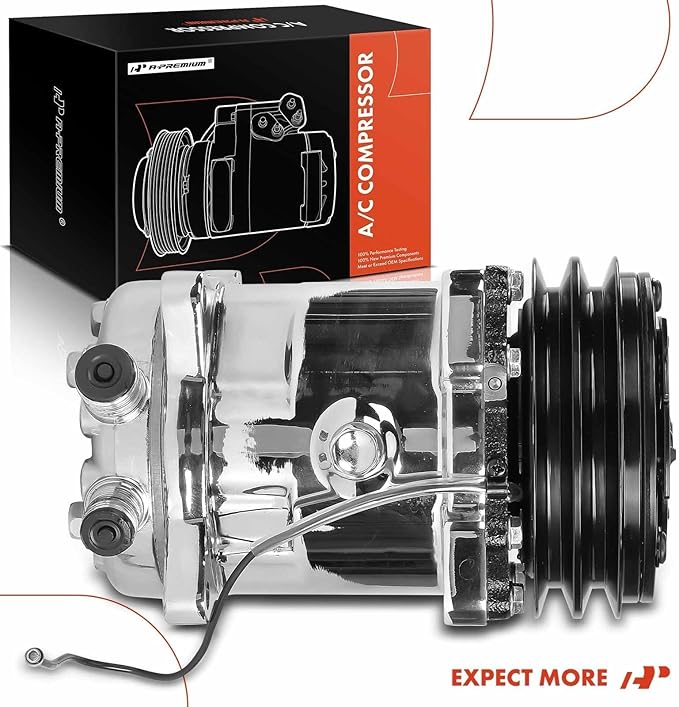 A-Premium Fit for Sanden 508 2PK Style, Universal A/C Compressor with Clutch, 2 Groove V-Belt, Chromed