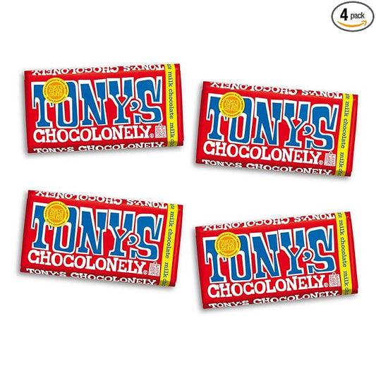 Tony’s Chocolonely Belgian Milk Chocolate Candy Bar, Pure Chocolate Bars for Snacks, Party Favors, Gifts, or Gift Basket, 32% Cacao, Made From Quality Fairtrade Cocoa, 4 Bars, 6.35 Oz Each