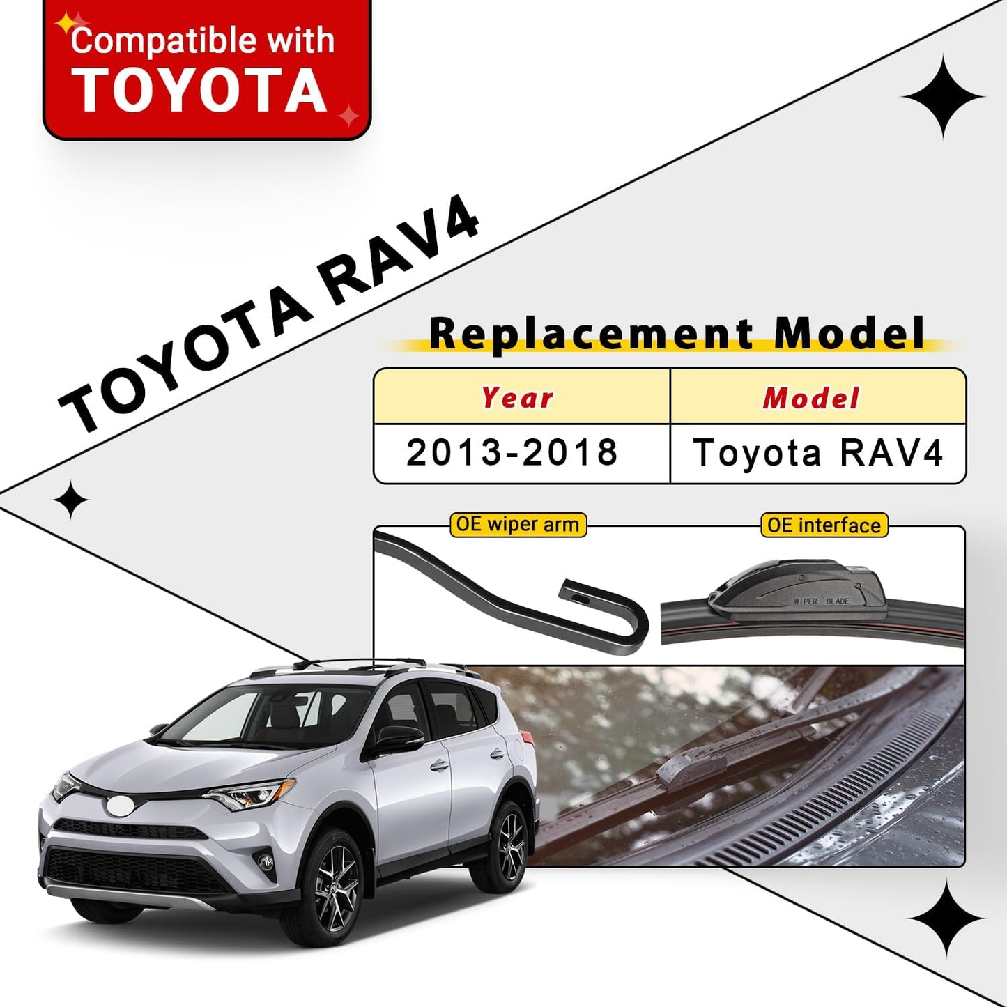 Windshield Wiper Blades Replacement for Toyota RAV4 2013 2014 2015 2016 2017 2018 Original Factory Quality Front Rear Wipers Blade Set for My Car - 26" 16" 10" (Pack of 3)