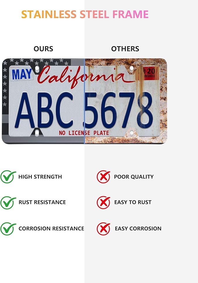 American Flag License Plate Frames - 2 Pack Black Stainless Steel Patriotic USA Car Tag Frame with UV-Printed Flag & 3D Metal Decals