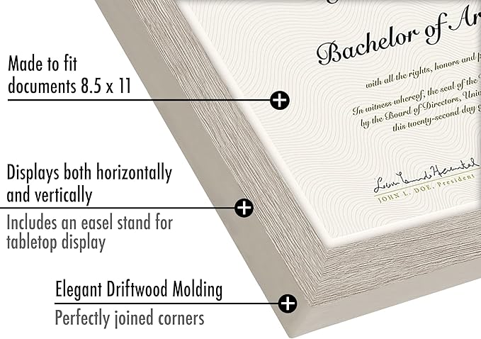 Americanflat 8.5x11 Diploma Frame with Shatter-Resistant Glass - Document Frames with Engineered Wood - Legacy Collection - Certificate Frame for Tabletop and Wall Display - Driftwood
