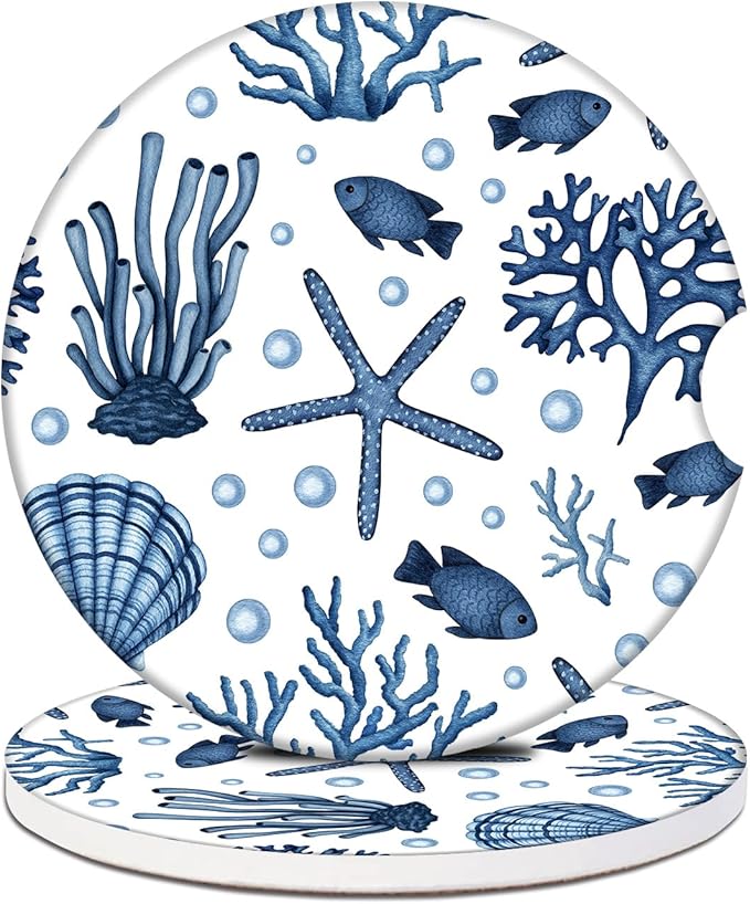 Blue Sea Starfish Shells Car Coasters for Cup Holders, Absorbent Ceramic Car Coaster Car Cup Holder Coaster Car Accessories for Women Men (2 Pack)