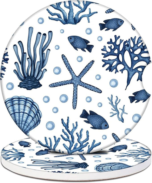 Blue Sea Starfish Shells Car Coasters for Cup Holders, Absorbent Ceramic Car Coaster Car Cup Holder Coaster Car Accessories for Women Men (2 Pack)