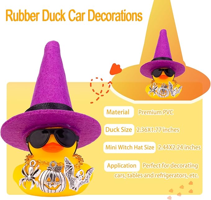 Rubber Duck Car Ornaments Yellow Duck Car Dashboard Decorations with Mini Witch Hat Sunglasses Necklace and Cute Accessories for Party Gifts(H3)
