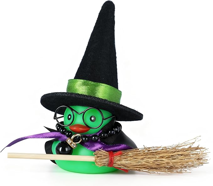 Rubber Duck Car Decorations with Magic Hat, Broom, Glasses & Accessories - Funny Dashboard Ornaments for Car, Home, Office (Green)