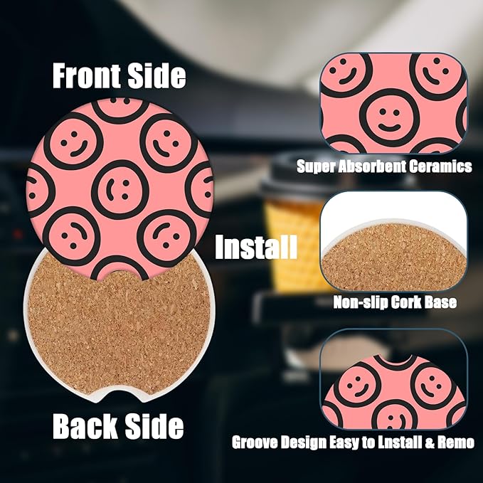 Car Cup Holder Coaster - Smiley Face Absorbent Ceramic Coaster 2 Pack, Car Coasters for Cup Holders, Fashion Car Interior Accessories Drink Coaster for Women & Men