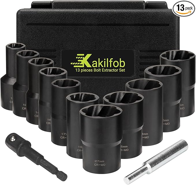 Lug Nut Extractor Twist Socket Set, 13 Pieces Wheel Lock Removal Kit, for Removing Damaged, Frozen, Rusted, Nuts & Screws, Cr-Mo Steel