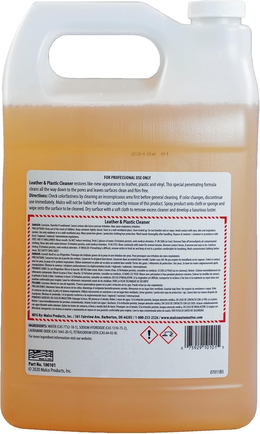 Malco Leather & Plastic Cleaner – Penetrates Deep to Remove Dirt, Grime and Oily Soils/Restores Leather, Plastic and Vinyl/Leaves Surfaces Clean, Shiny and Film-Free / 1 Gallon (100101)