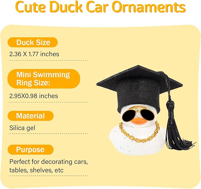 wonuu Car Dashboard Decor Graduation Hat Color Rubber Duck, Car Ducks Ornaments with Mini Graduation Hat Necklace Sunglasses (Transparent)
