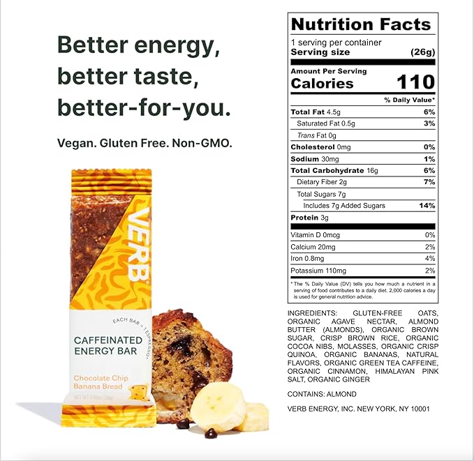 Verb Caffeinated Energy Bars Variety Pack - 2 Delicious Flavors (26g, Pack of 16) 110-Calorie Delicious Low Sugar Energy Bar, Vegan & Gluten Free On-the Go Snack with 80mg Green Tea Caffeine