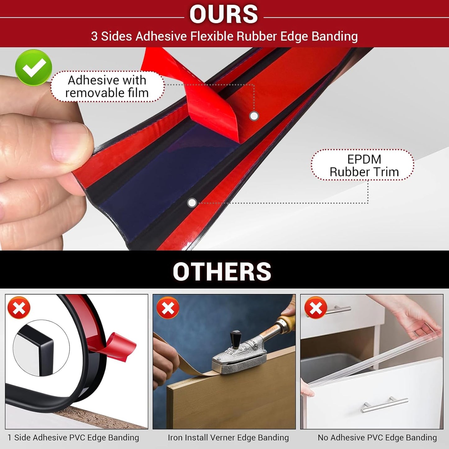 Rubber Edge Trim, 3/8" Self Adhesive Flexible U Channel Edge Protecter for Plywood, Tables, Desks, Cabinets, Counter Top, Wide U Shaped Edge Trim, Edge Banding, Black Color, 20Ft