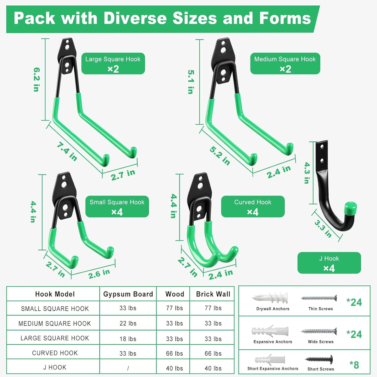 LANDNEOO Garage Hooks, 20-Pack Steel Garage Accessories for Organization and Storage, Heavy Wall Mount Duty Hooks with Anti-Slip Coating for Hanging Ladder, Bike, Power Tools and More Tools, Green