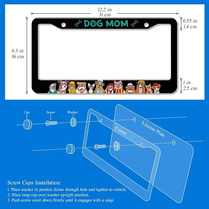 2PCS Dog Mom Pattern License Plate Frames for Men Women - Universal Aluminum Stainless Steel Pet Personalized Car Tag Covers Holder with Screws, Caps, Rattle Proof Pads and Handlebar Stickers
