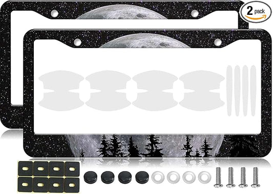 2PCS Full Moon Pattern License Plate Frames for Men Women - Universal Aluminum Stainless Steel Personalized Car Tag Covers Holder with Screws, Caps, Rattle Proof Pads and Handlebar Stickers