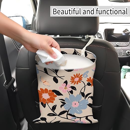Car Trash Can, Hanging Garbage Bin for Men and Women, Cute Car Organizer and Storage Bag, Canvas Vehicle Trash Can Bag Easy-to-Install Boho Red and Blue Floral