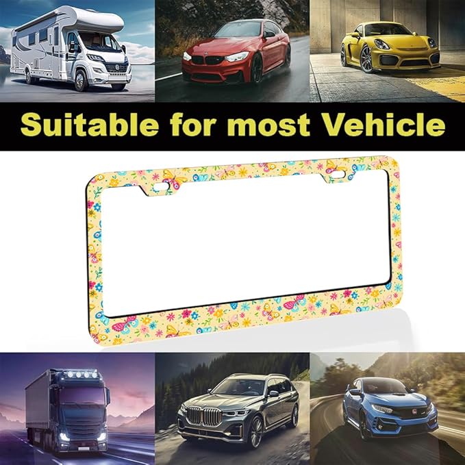 2pcs floral Colorful Butterfly License Plate Frame for Women,Inspirational Butterfly flower car Decorative tag Frames Girly,Colorful Butterflies floral License Plate Cover Holder with car Keychain tag