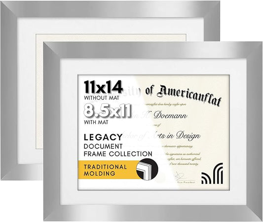Americanflat 11x14 Diploma Frame with Shatter-Resistant Glass - Set of 2 - Use as 8.5x11 Frame with Mat or Display 11x14 Documents Without Mat - Legacy Collection - Certificate Frames - Silver