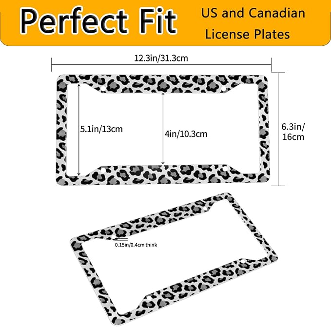 License Plate Frame 2 Pack Front Rear Aluminum Metal Rust-Proof Universal Car Tag Frames Holder with 4 Holes Car Decor Accessory with Screws for Men Women - Black Grey Leopard