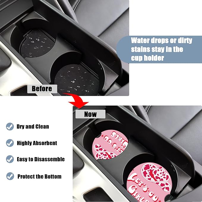 Car Cup Holder Coaster - Cow Hat Let's go Girl Women Absorbent Ceramic Coaster, Car Coasters for Cup Holders, Auto Accessories for Women & Men, Pack of 2