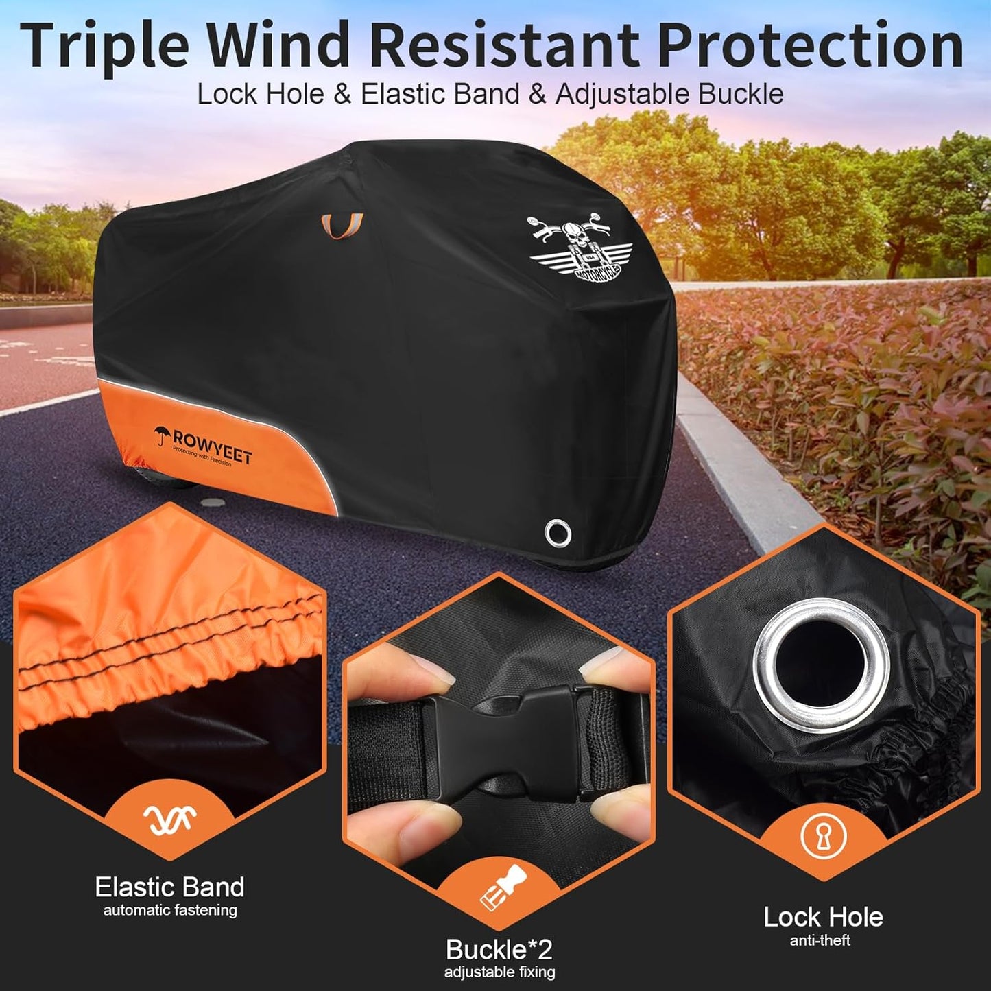 Motorcycle Cover Waterproof Outdoor Storage with Lock-Holes, Storage Bag & Night Reflective Design, All Season Protection Powersports Vehicle Covers Fits up to 116" Motorcycles