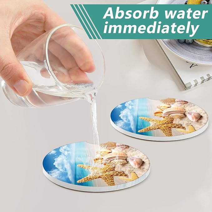 2 Pack Car Cup Holder Coasters - Sea Beach Shell Starfish Absorbent Ceramic Coaster, Car Coasters for Cup Holders, Car Interior Accessories for Women Men