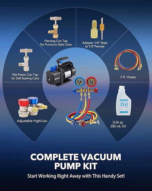 3.5CFM AC Vacuum Pump and 3 Way Gauge Set, 110V 1/4 hp HVAC Air Vacuum Pump Manifold Gauge Kit with 3 Hoses Adapters Accessories Carry Bag for R134a R12 R22 R502 Refrigeration Auto Systems