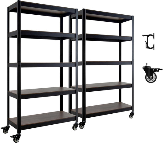 HOMEDANT House 5-Tier Metal Rolling Cart Shelf Rack Casters Heavy Duty Laminated Wheel Shelving Unit Adjustable Utility Storage Shelves Organizer Shelf Kitchen Garage 36.2" W x 16.5" D x 69.5" H 2Pack