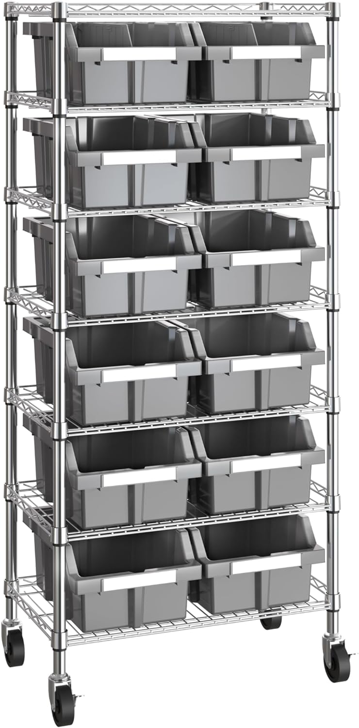Seville Classics Heavy Duty NSF Bin Rack Solid Steel Wire Shelving Storage Unit, Patented Organizer for Garage, Warehouse, Office, Restaurant, Classroom, Kitchen, Gray, Includes 12 Bins