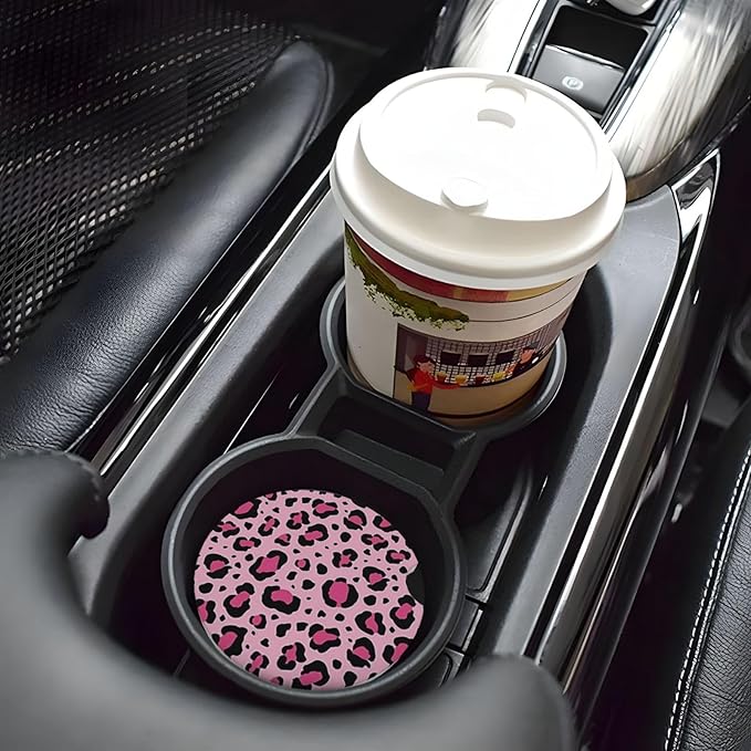 ABLESKY Car Coasters for Cup Holders, 2 Pack Absorbent Anti Slip Car Cup Holder Coasters, 2.56 Inch Ceramic Universal Size Auto Interior Accessories Women Men-Pink Leopard Spots