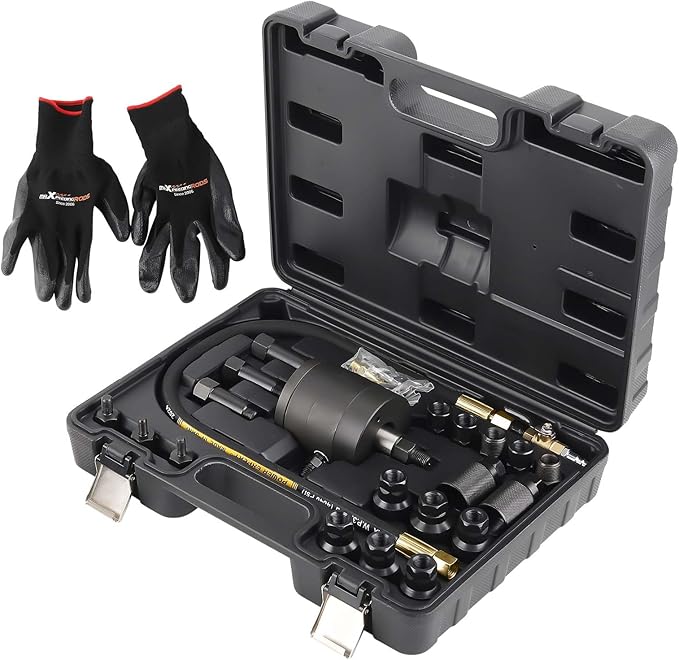 maXpeedingrods Pneumatic Injector Puller Set, 24 pcs 5-8 Bar Air Vibration Diesel Fuel Injector Removal Tool Kit with Extractor Hammer, 19 Adapters, Extension Hose, and EU US JP Connectors
