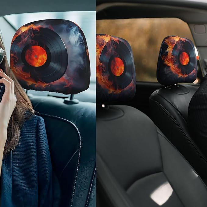 Dujiea 2 Pack Fire Record Music Lover Car Headrest Covers, Universal Soft Car Seat Head Rest Cover Protector, Vehicle Accessories Fabric Headrest Cover for Cars Vans Trucks