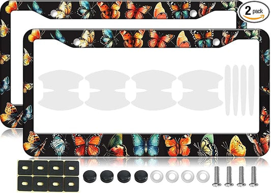 2PCS Beautiful Butterfly Pattern License Plate Frames for Men Women - Universal Aluminum Stainless Steel Personalized Car Tag Covers Holder with Screws, Caps, Rattle Proof Pads and Handlebar Stickers