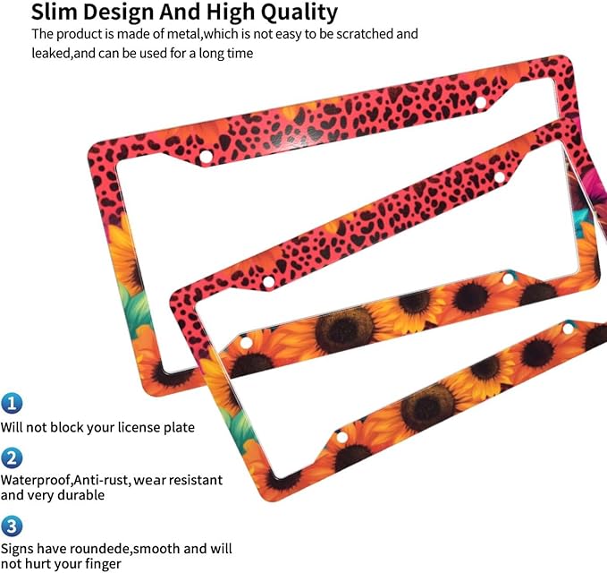License Plate Frame 2 Pack Front Rear Aluminum Metal Rust-Proof Universal Car Tag Frames Holder with 4 Holes Car Decor Accessory with Screws for Men Women - Leopard Sunflower