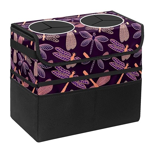 Car Trash Can Purple Dragonfly Large Storage Garbage Can with Lid Hanging for Back Seat Leakproof Automotive Vehicle Trash Bin