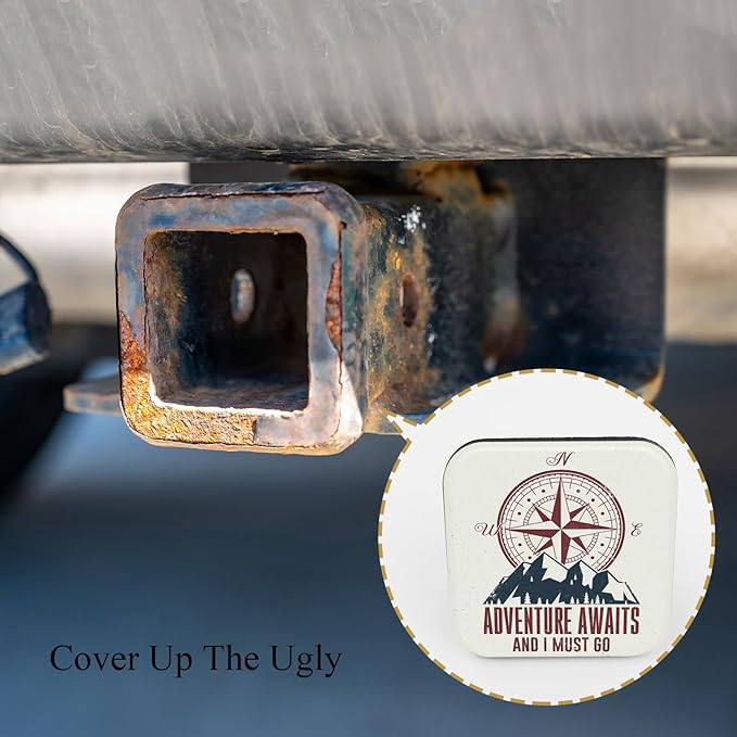 Compass Travel Towing Hitch Plug Covers Adventure Await and I Must Go Pine Tree Travel Mountain Hitch Tube Cover 2 Inch Square Hitch Box Cover Trailer Hitch Cap for Trucks SUV Cars