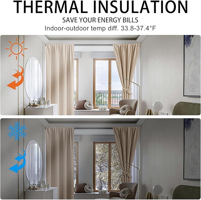 JIUZHEN Blackout Curtains for Bedroom - Thermal Insulated Room Darkening Rod Pocket Curtains for Living Room, Set of 2 Panels with Tiebacks, 38 x 84 Inch Length, Beige