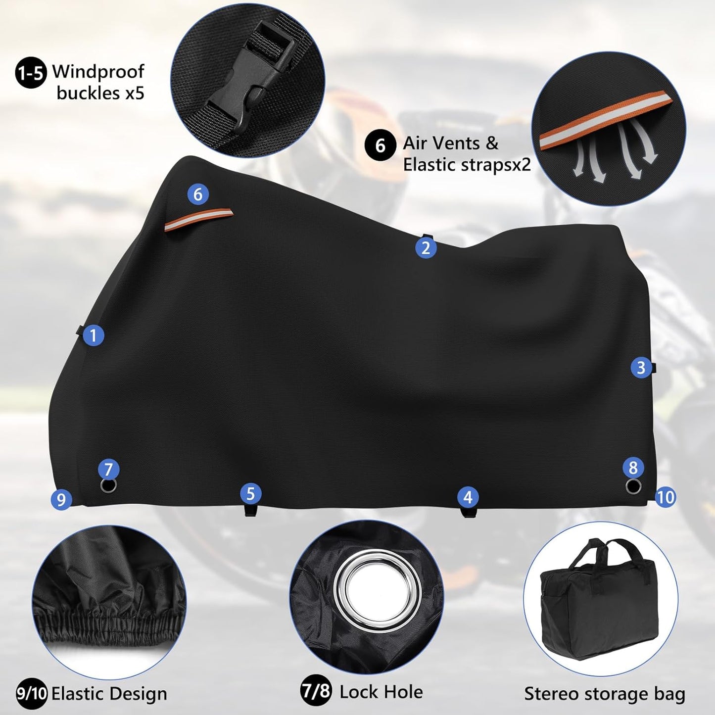 STARTWO Motorcycle Covers Waterproof Outdoor Storage Heavy Duty All Season Universal Vehicle Cover for Harley Davidson XTM 350, XTM 500, Nightster, Sportster and Most Motorcycles 86"x41"x50" Black