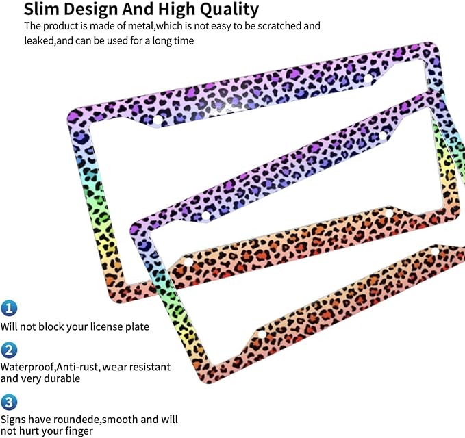 License Plate Frame 2 Pack Front Rear Aluminum Metal Rust-Proof Universal Car Tag Frames Holder with 4 Holes Car Decor Accessory with Screws for Men Women - Colorful Leopard