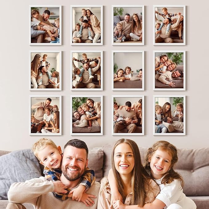 Renditions Gallery Set of 12, 11X14 Custom Photo Prints with Real Wood Picture Frames. Create Personalized Photos with Peel & Stick Photo Frames. White Frame